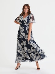 Scarlett & Jo Blue White Curve Isabelle Angel Sleeve Maxi Dress - Image 1 of 4
