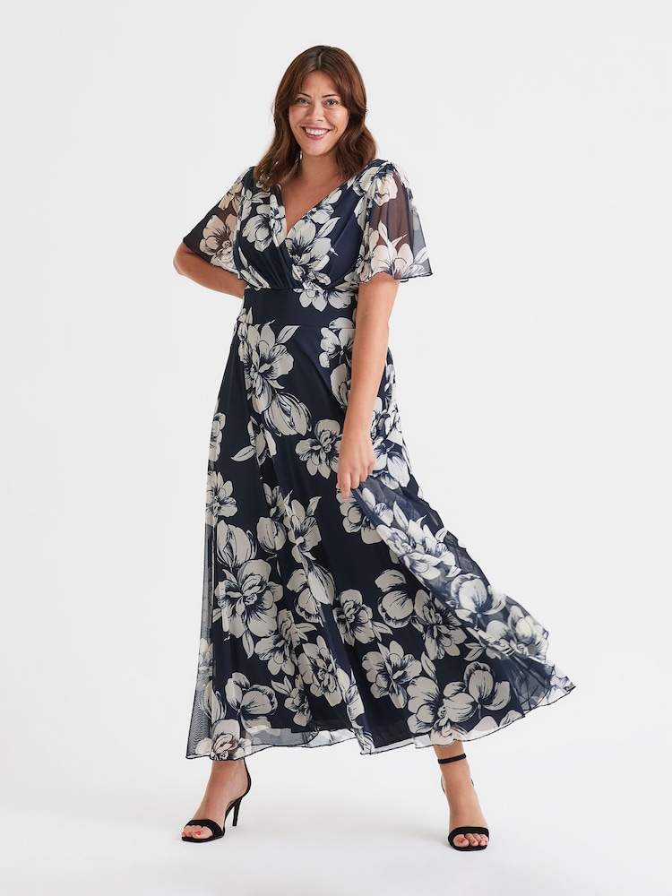 Scarlett & Jo Blue White Curve Isabelle Angel Sleeve Maxi Dress - Image 1 of 4