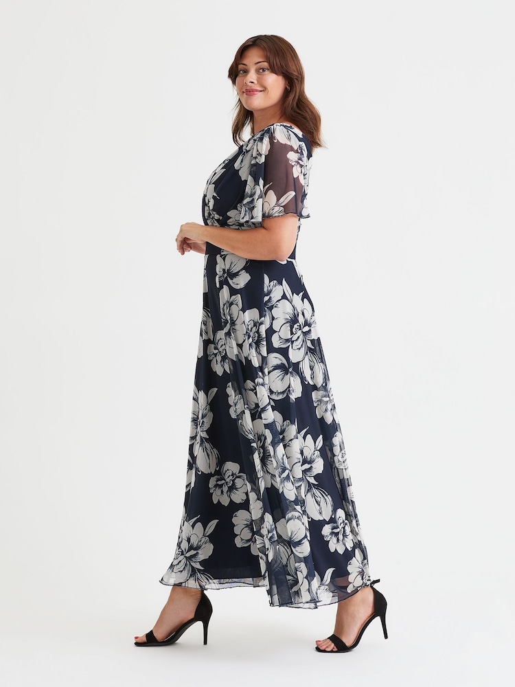 Scarlett & Jo Blue White Curve Isabelle Angel Sleeve Maxi Dress - Image 3 of 4