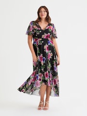 Scarlett & Jo BLACK PINK Tilly  Wine Rose Print Angel Sleeve Sweetheart Dress - Image 1 of 4