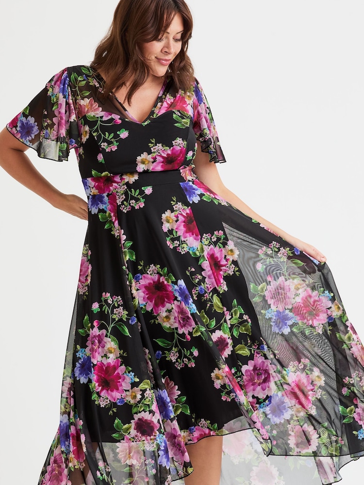 Scarlett & Jo BLACK PINK Tilly  Wine Rose Print Angel Sleeve Sweetheart Dress - Image 2 of 4