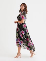 Scarlett & Jo BLACK PINK Tilly  Wine Rose Print Angel Sleeve Sweetheart Dress - Image 3 of 4
