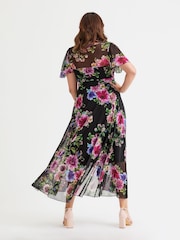 Scarlett & Jo BLACK PINK Tilly  Wine Rose Print Angel Sleeve Sweetheart Dress - Image 4 of 4