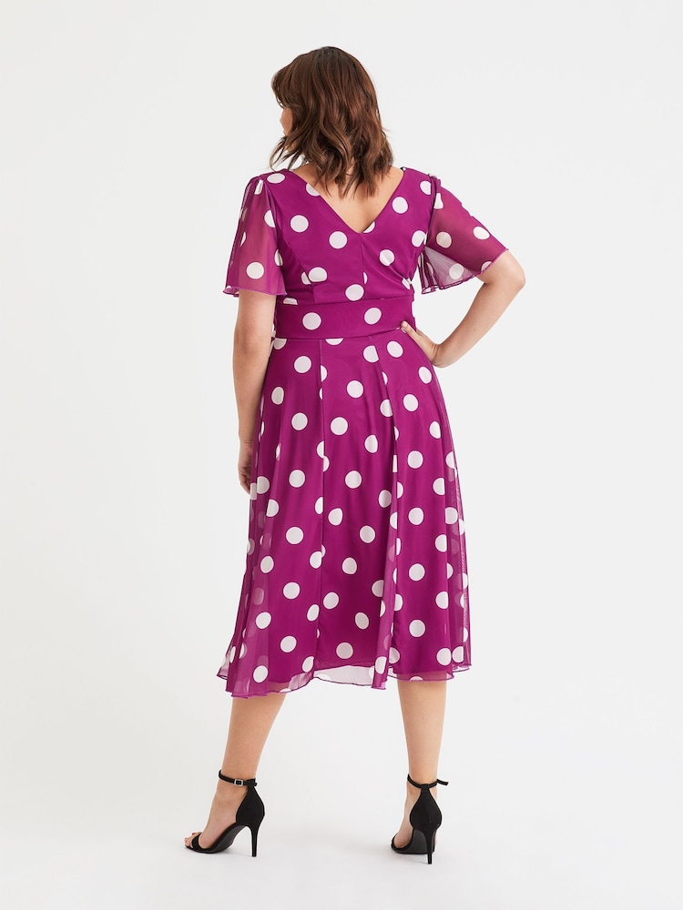 Scarlett & Jo Pink Victoria Spot Print Angel Sleeve Mesh Midi Dress - Image 4 of 4