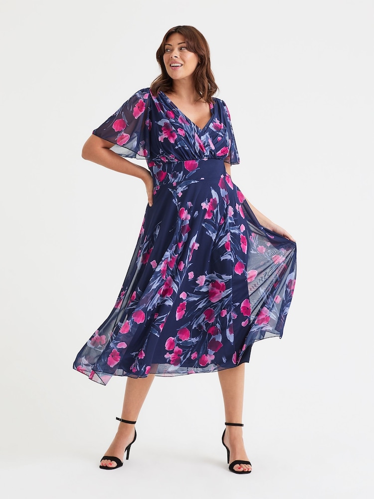 Синий - Scarlett & Jo Curve Rose Angel Sleeve Mesh Midi Dress - Изображение 1 из 1