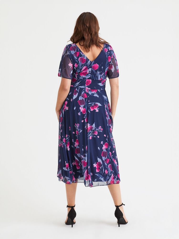 Scarlett & Jo Blue Curve Rose Angel Sleeve Mesh Midi Dress - Image 4 of 4