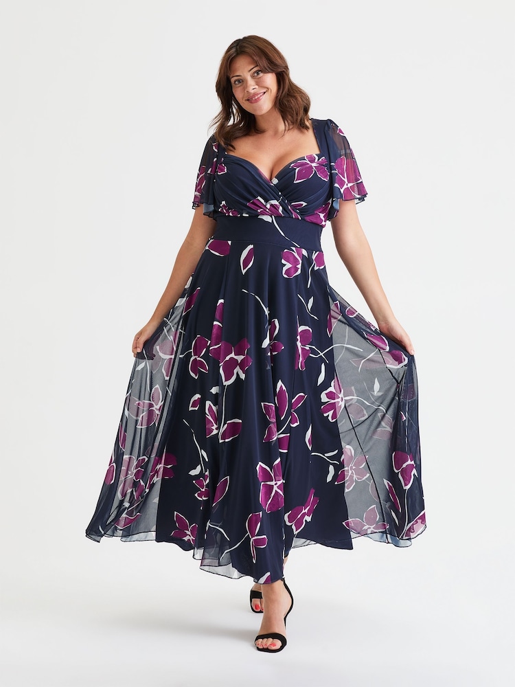 Scarlett & Jo Navy/Magenta Kemi Bolero Wrap Bodice Mesh Maxi Gown - Image 1 of 4