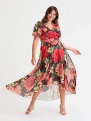 Scarlett & Jo Wine Rose Tilly  Wine Rose Print Angel Sleeve Sweetheart Dress - Image 1 of 4