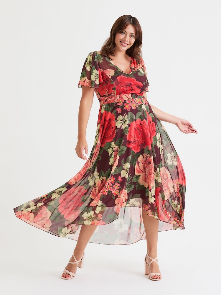 Scarlett & Jo Wine Rose Tilly  Wine Rose Print Angel Sleeve Sweetheart Dress - Image 1 of 4