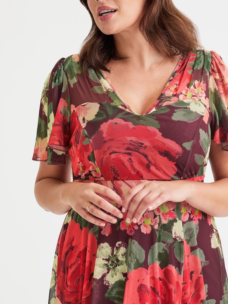 Scarlett & Jo Wine Rose Tilly  Wine Rose Print Angel Sleeve Sweetheart Dress - Image 2 of 4