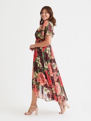 Scarlett & Jo Wine Rose Tilly  Wine Rose Print Angel Sleeve Sweetheart Dress - Image 3 of 4
