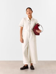 Whistles White Petite Denim Pintuck Belted 100% Cotton Jumpsuit - Image 1 of 6