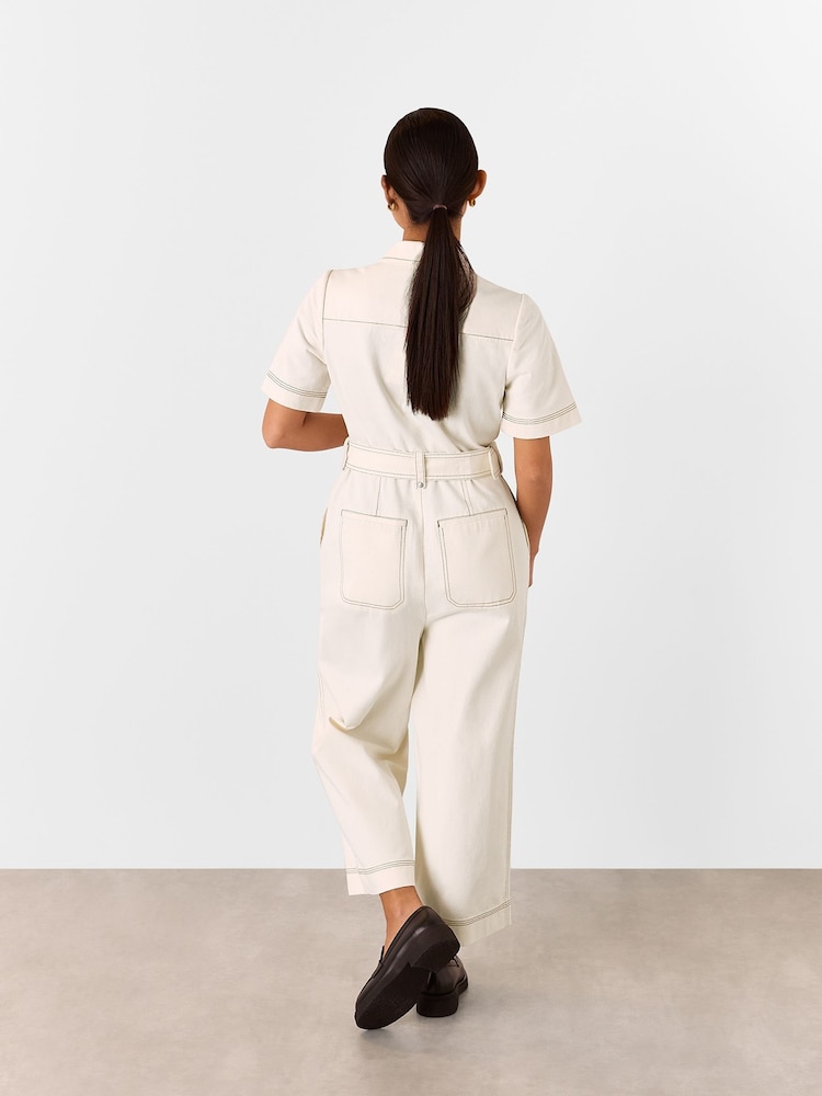 Whistles White Petite Denim Pintuck Belted 100% Cotton Jumpsuit - Image 2 of 6
