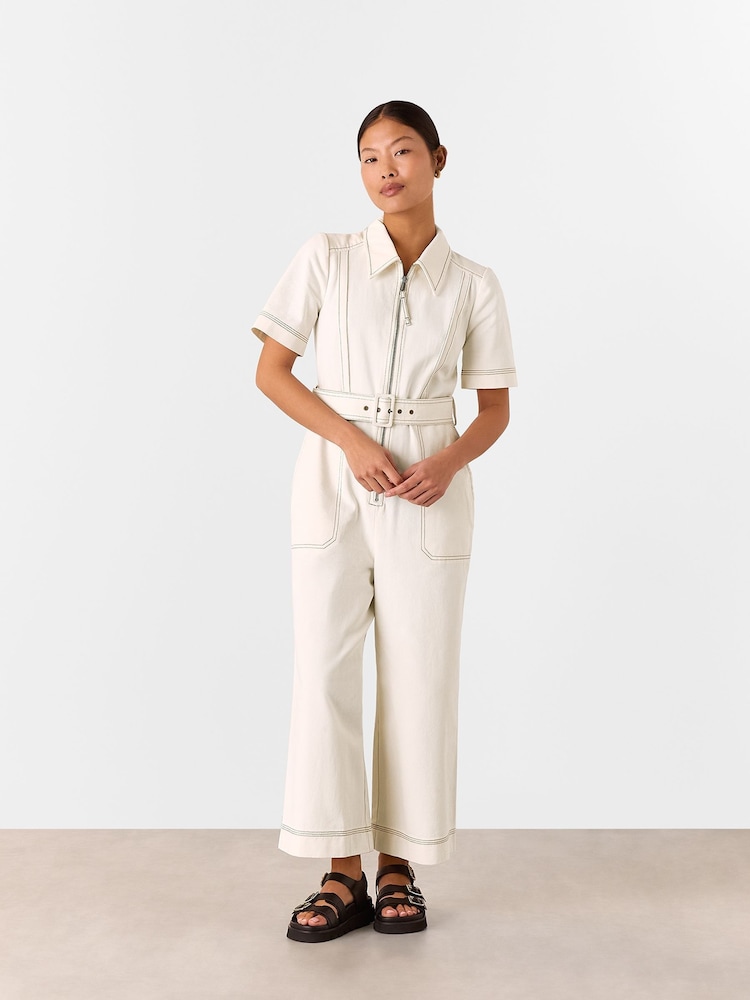 Whistles White Petite Denim Pintuck Belted 100% Cotton Jumpsuit - Image 3 of 6
