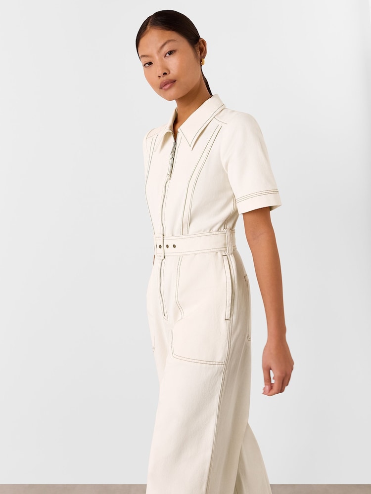Whistles White Petite Denim Pintuck Belted 100% Cotton Jumpsuit - Image 4 of 6