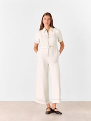 Whistles White Denim Pintuck Belted 100% Cotton Jumpsuit - Image 1 of 6