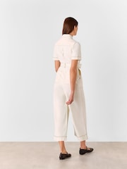 Whistles White Denim Pintuck Belted 100% Cotton Jumpsuit - Image 2 of 6