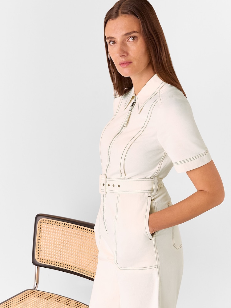 Whistles White Denim Pintuck Belted 100% Cotton Jumpsuit - Image 4 of 6