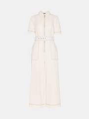 Whistles White Denim Pintuck Belted 100% Cotton Jumpsuit - Image 6 of 6