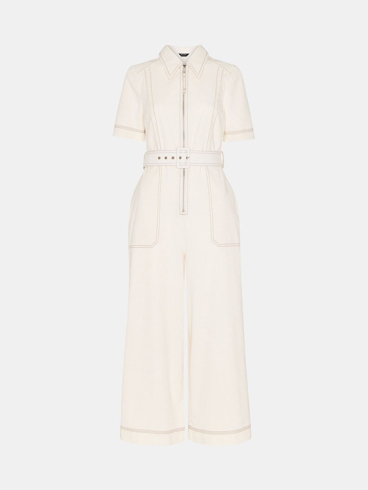 Whistles White Denim Pintuck Belted 100% Cotton Jumpsuit - Image 6 of 6