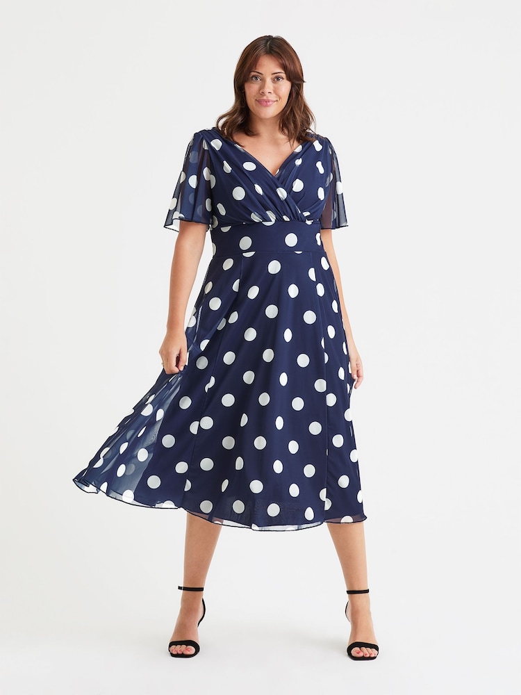 Scarlett & Jo Blue Dark Victoria Spot Print Angel Sleeve Mesh Midi Dress - Image 1 of 4