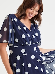 Scarlett & Jo Blue Dark Victoria Spot Print Angel Sleeve Mesh Midi Dress - Image 2 of 4