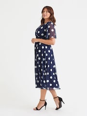 Scarlett & Jo Blue Dark Victoria Spot Print Angel Sleeve Mesh Midi Dress - Image 3 of 4