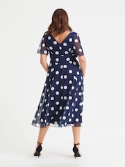 Scarlett & Jo Blue Dark Victoria Spot Print Angel Sleeve Mesh Midi Dress - Image 4 of 4
