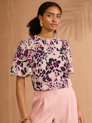 Love & Roses Pink Animal Short Sleeve Frill Printed Blouse - Image 1 of 4