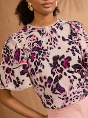 Love & Roses Pink Animal Short Sleeve Frill Printed Blouse - Image 2 of 4