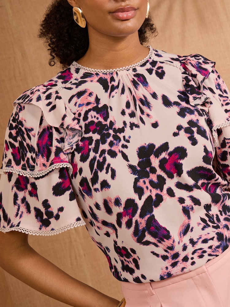 Love & Roses Pink Animal Short Sleeve Frill Printed Blouse - Image 2 of 4