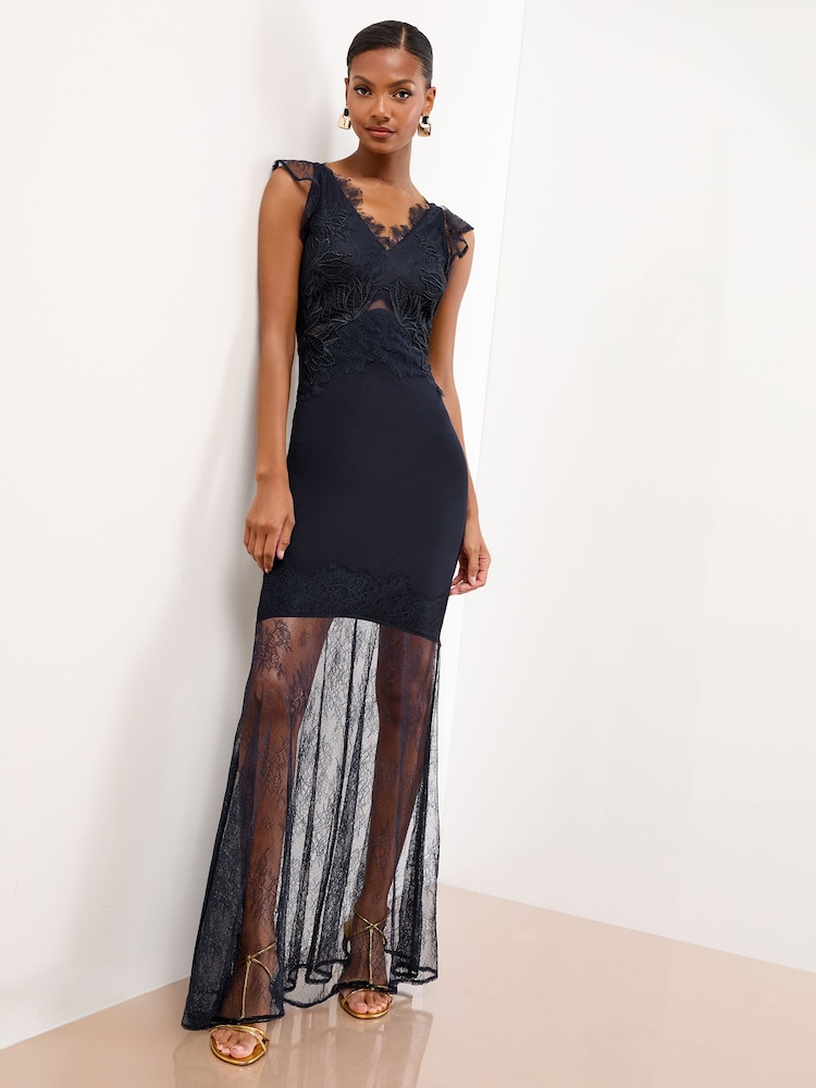 Lipsy Navy Petite Cami Mesh Lace Mix Hem Maxi Dress - Image 1 of 4