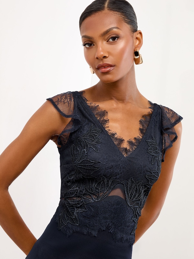 Lipsy Navy Petite Cami Mesh Lace Mix Hem Maxi Dress - Image 2 of 4