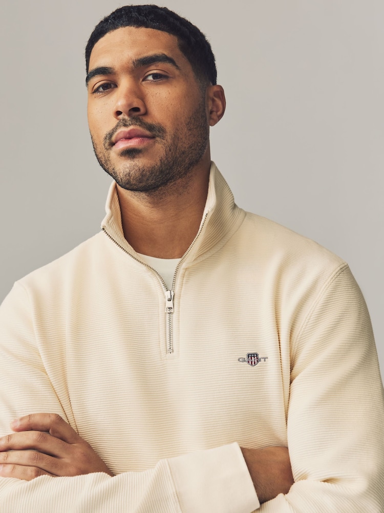 GANT Cream Textured 100% Cotton Half Zip Jumper - Image 3 of 4