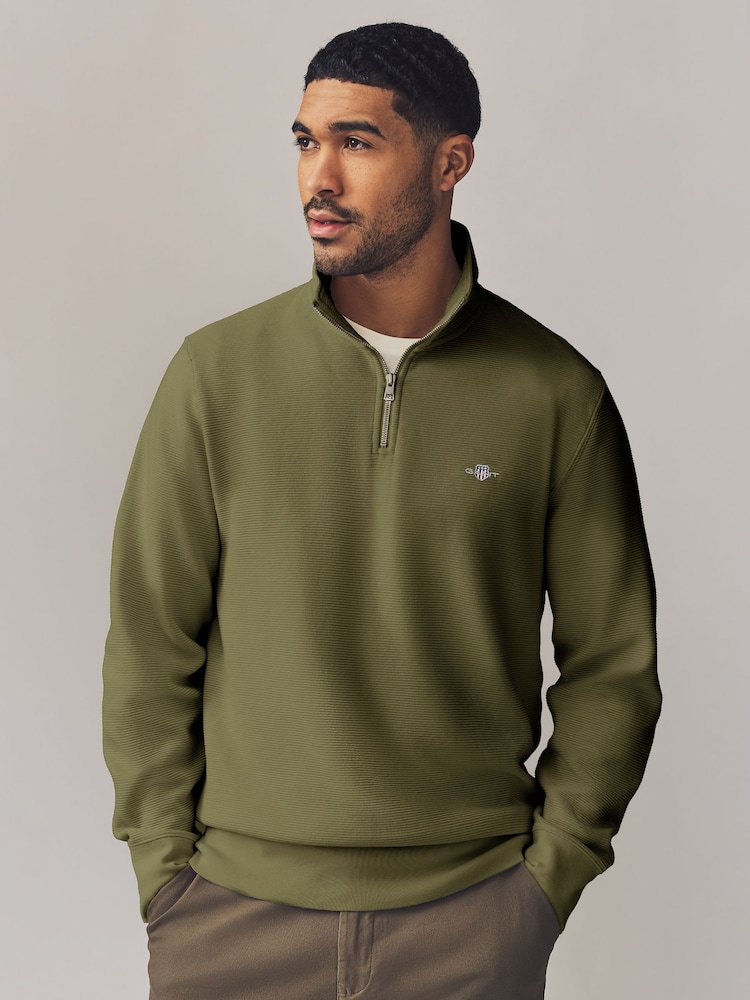 Зеленый - GANT Textured 100% Cotton Half Zip Jumper - Изображение 2 из 4