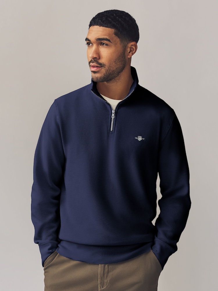 Темно-синий - GANT Textured 100% Cotton Half Zip Jumper - Изображение 1 из 4