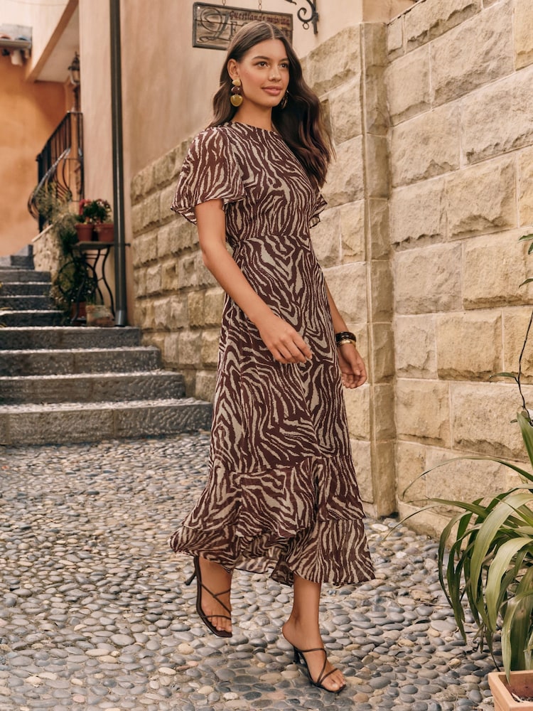 Friends Like These Brown Print Short Sleeve Chiffon Tiered Maxi Dress - Image 1 of 5