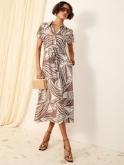 Friends Like These Brown Swirl Short Sleeve Shirt Midi Dress - Image 1 of 4