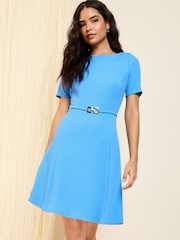 Friends Like These Blue Mini Short Sleeve Textured Buckle Dress - Image 1 of 4