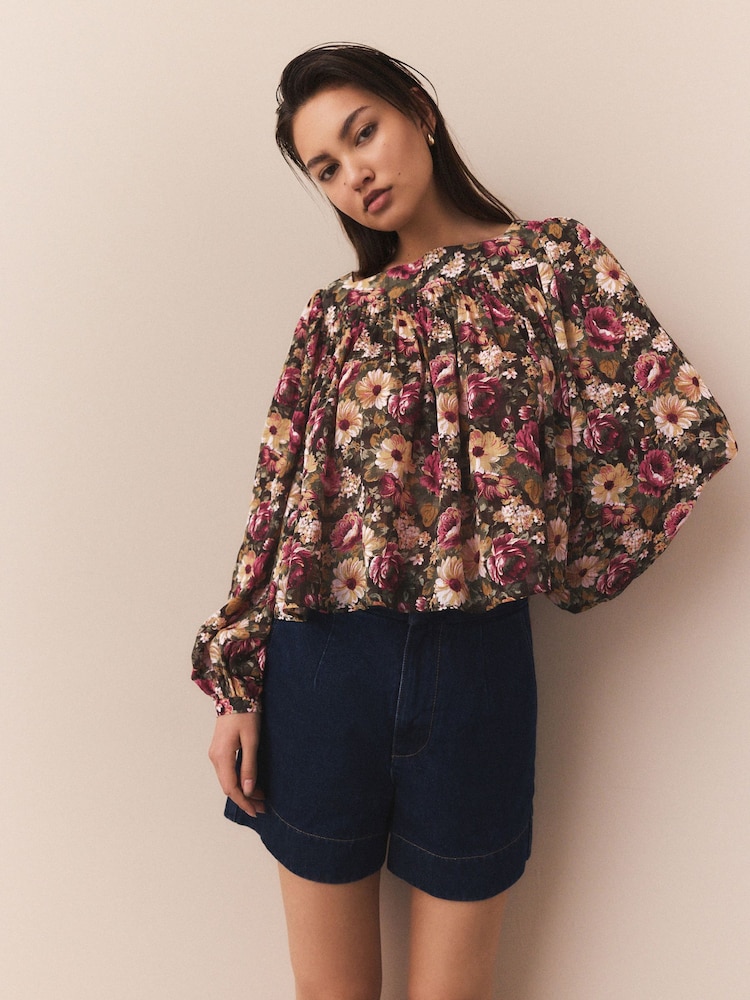 Brown/Pink Vintage Floral Print Square Neck Blouse - Image 1 of 7 Brown/Pink Vintage Floral Print Square Neck Blouse - Image 1 of 7