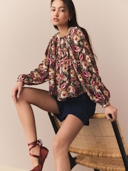Brown/Pink Vintage Floral Print Square Neck Blouse - Image 2 of 7