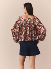 Brown/Pink Vintage Floral Print Square Neck Blouse - Image 3 of 7