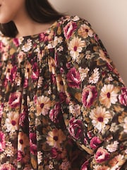 Brown/Pink Vintage Floral Print Square Neck Blouse - Image 4 of 7