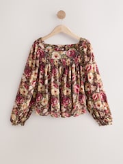 Brown/Pink Vintage Floral Print Square Neck Blouse - Image 5 of 7
