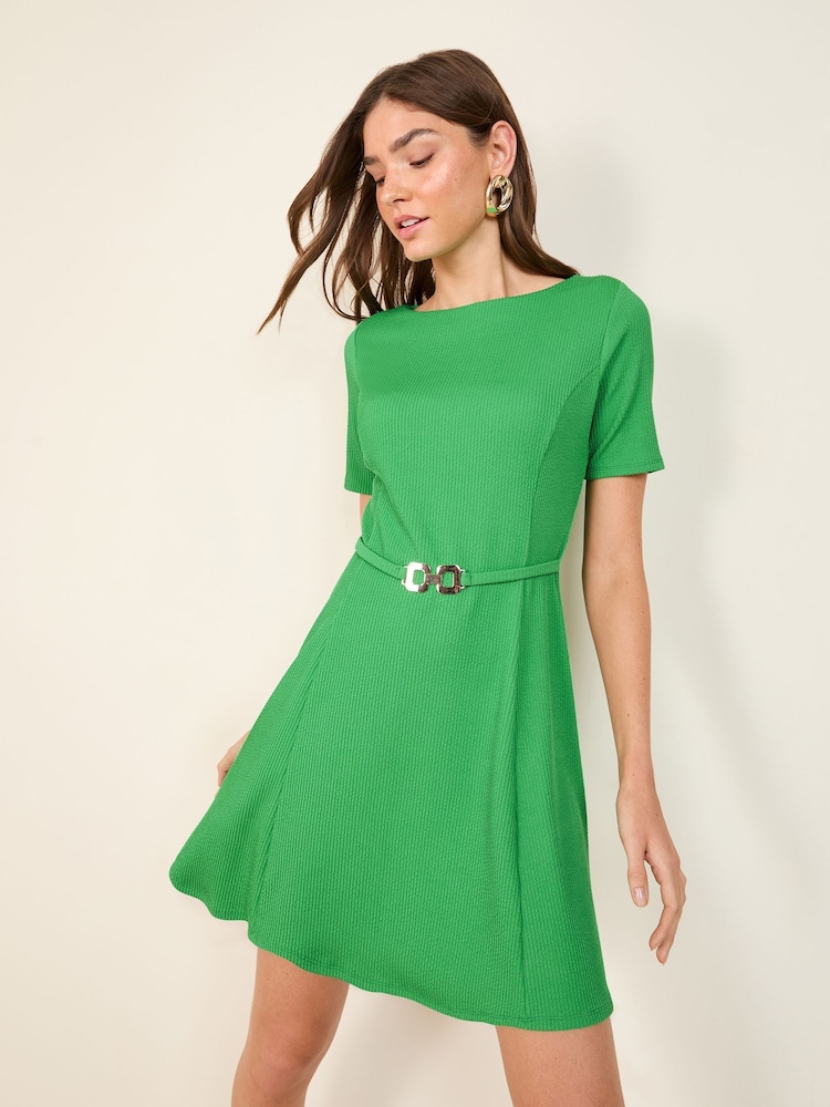 Friends Like These Green Mini Short Sleeve Textured Buckle Dress - Image 2 of 4