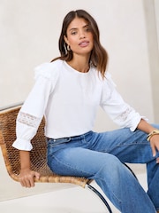Lipsy White Lace Detail Long Sleeve 100% Cotton Top - Image 1 of 4
