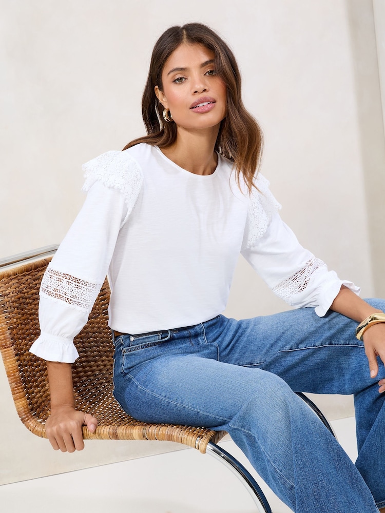 Lipsy White Lace Detail Long Sleeve 100% Cotton Top - Image 1 of 4