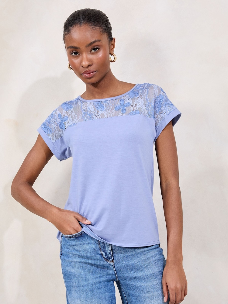 Lipsy Blue Lace Yoke Detail T-Shirt - Image 2 of 4