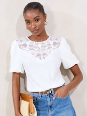 Lipsy White Short Puff Sleeve Lace Detail T-Shirt - Image 1 of 4