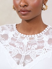 Lipsy White Short Puff Sleeve Lace Detail T-Shirt - Image 2 of 4